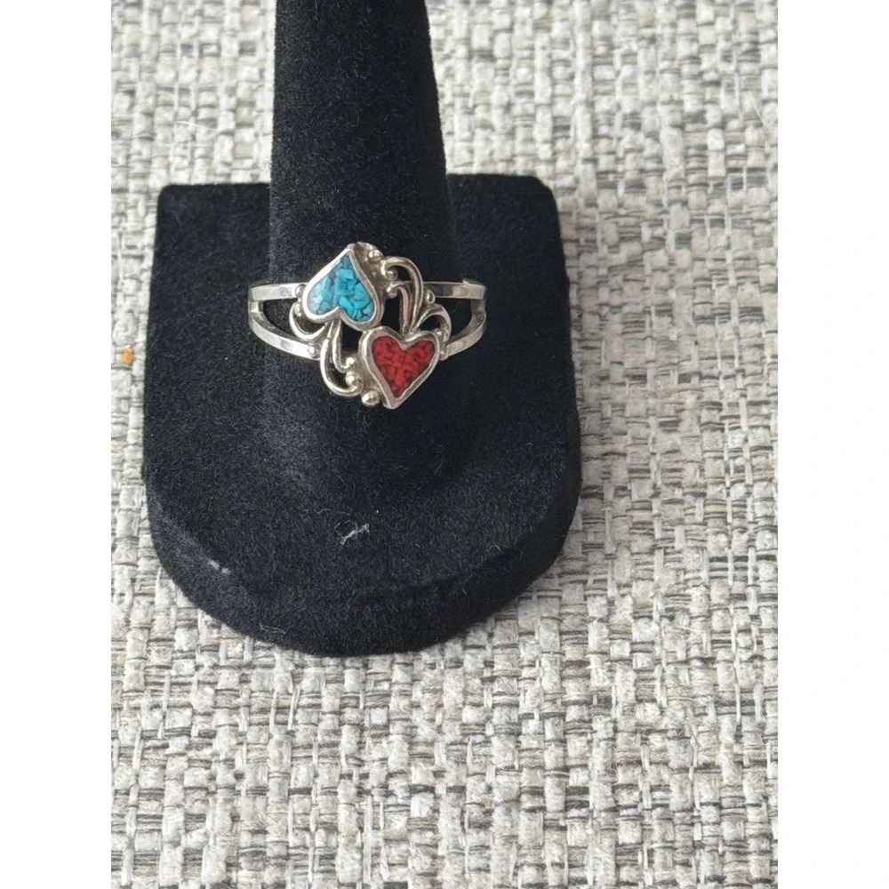 Sterling Silver Turquoise Coral Chip Inlay Double Heart Ring Southwestern Scroll